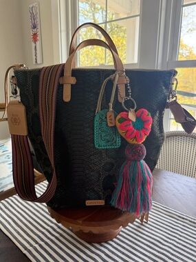 Consuela Rattler Tote with Multicolor Tassel Charm and Tan Handles